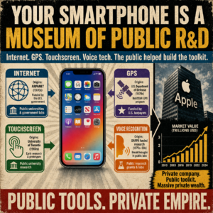 Infographic showing a smartphone with its features' public R&D origins contrasted with private profit, depicted by Apple building.