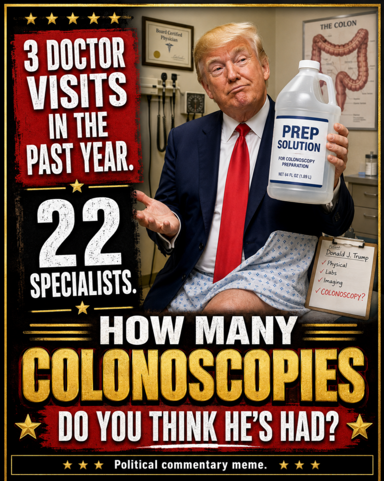 Trump in a doctor’s office holding a prep solution jug, with text asking how many colonoscopies he’s had.